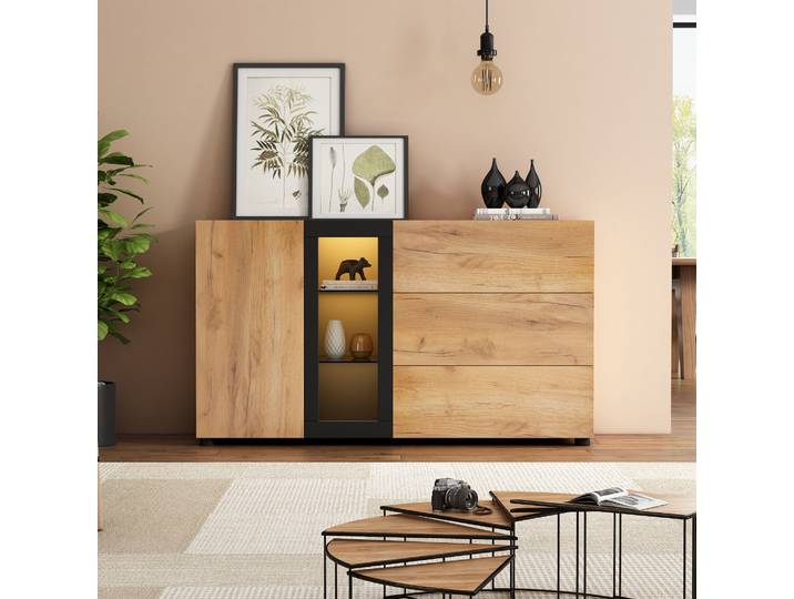 KOMHTOM Buffet moderne 140 cm de largeur, armoire buffet avec 3 tiroirs