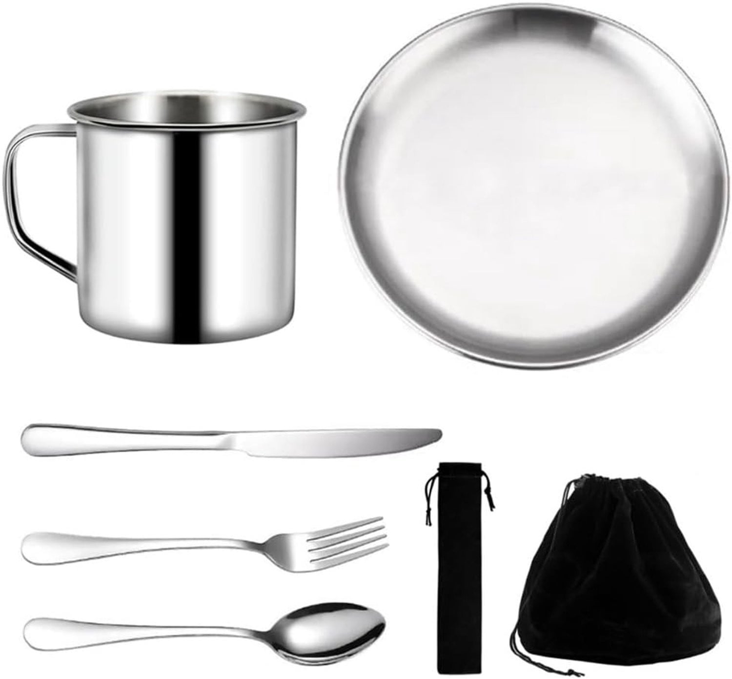 7-delige Complete Kookset voor Kamperen met Beker, Bord en RVS Bestek