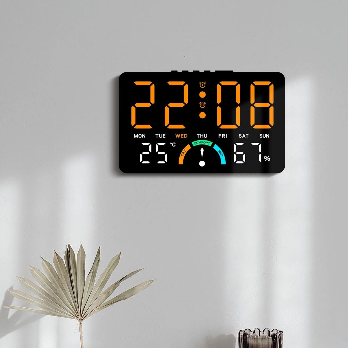 INF GH9007 Große LED-Digitaluhr für Temperatur und Luftfeuchtigkeit mit Wecker, Tisch- und Wandmontage Weiß+Orange