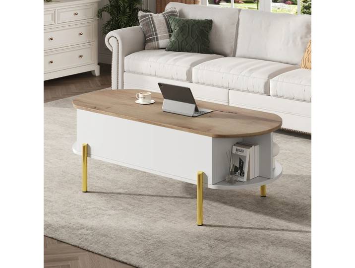 Table basse moderne 120*50*43cm, avec plaque réglable en hauteur et 7 zones de rangement, tables d'appoint, table de canapé avec rangement caché