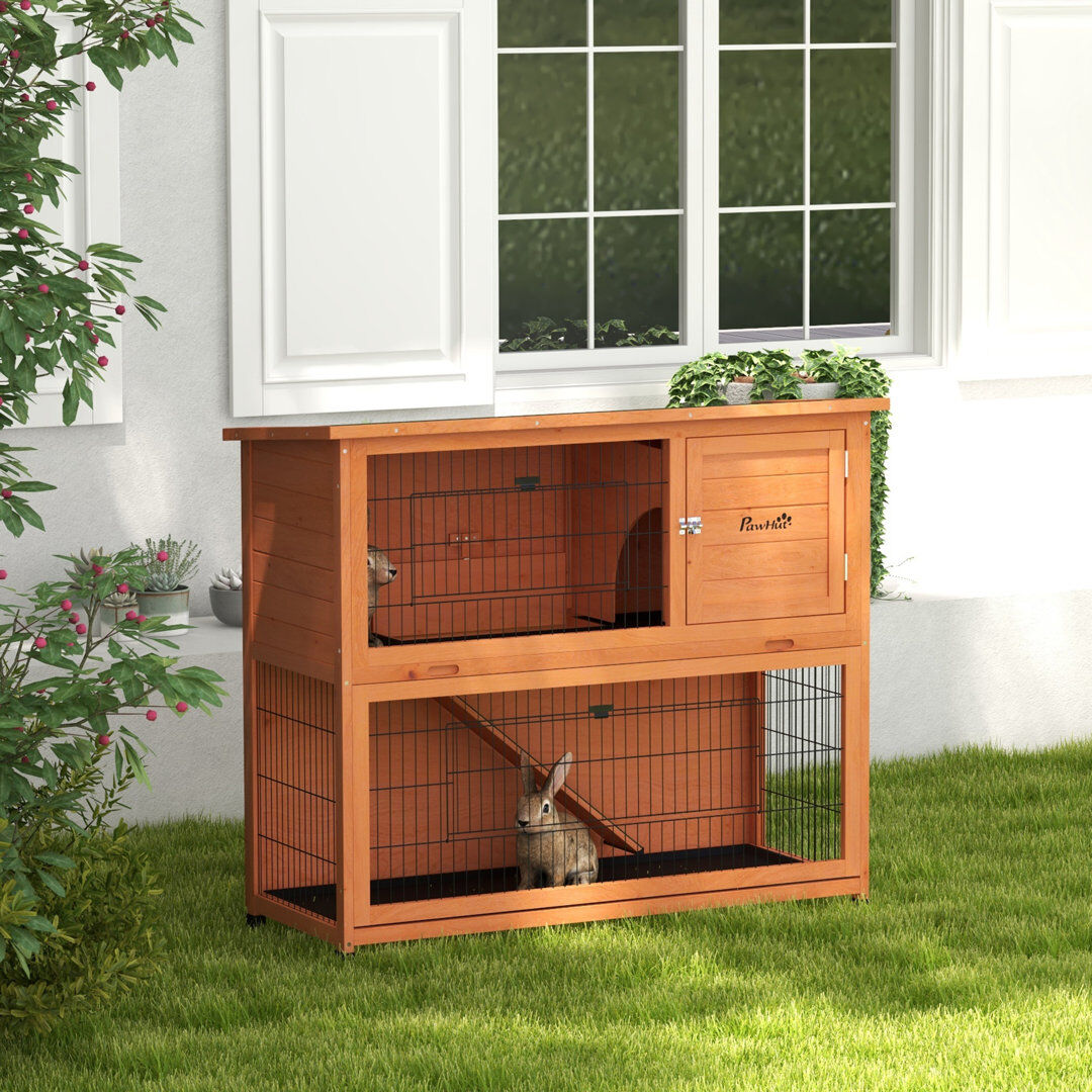 PawHut Rabbit Hutch Guinea Pig Hutch Outdoor Wooden withTray Orange 102Hcm Outdoor eco-friendly water paint 259.08cm H X 127cm W X 304.8cm D