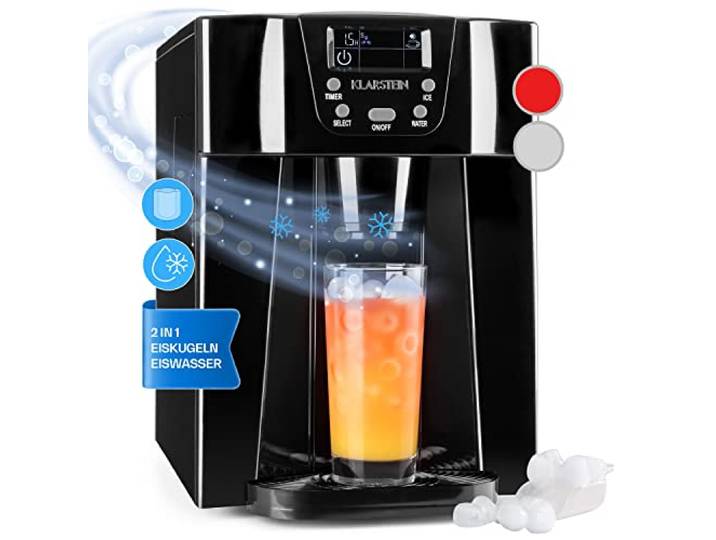 Klarstein Eiswürfelmaschine Klein, 2 L Eiswürfelbereiter & Wasserspender, Eiswürfelmaschine für 12 kg Große und Kleine Eiswürfel, Schnelle Eiswürfelbereiter mit Alarm