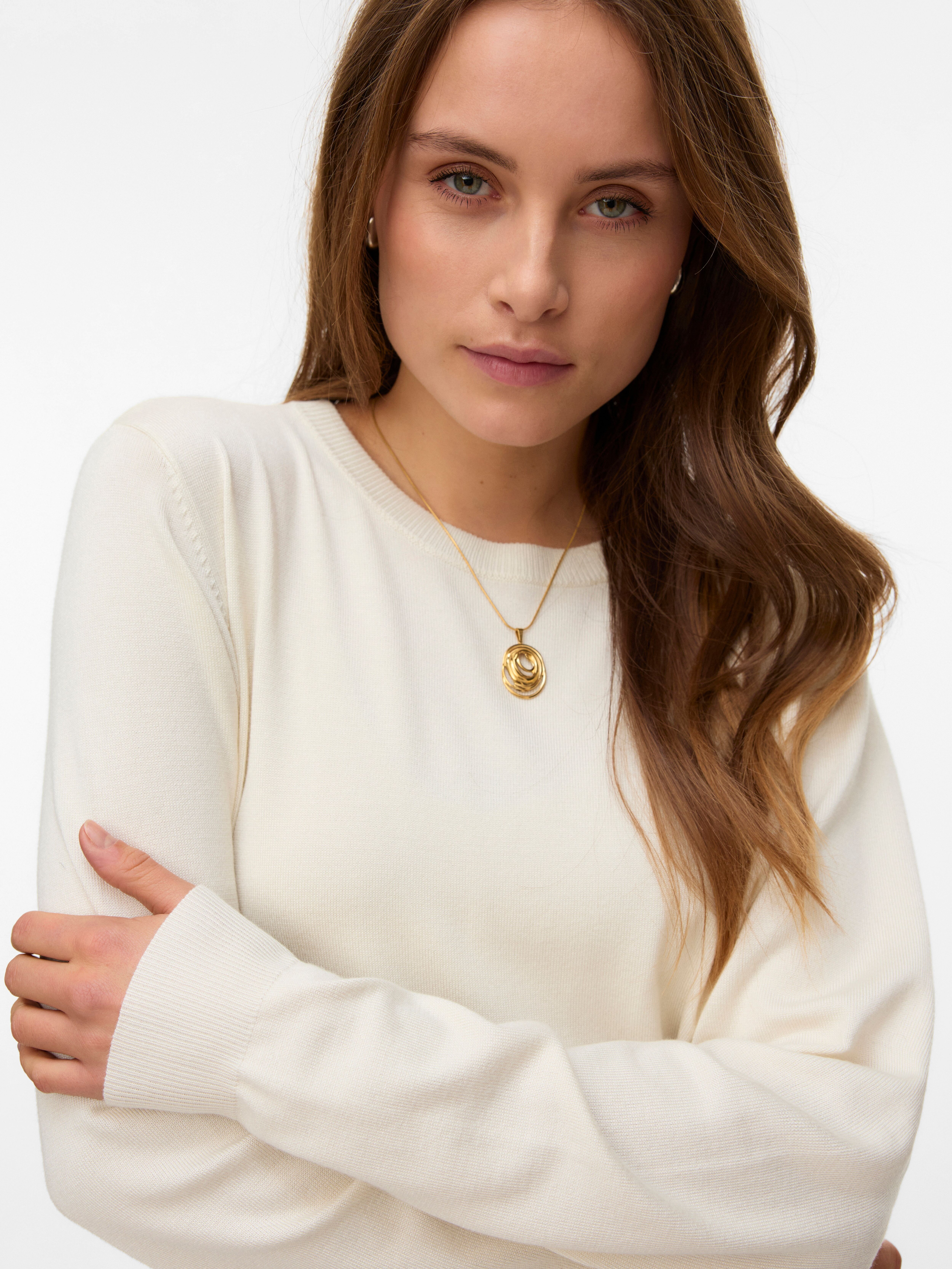 Strickpullover VERO MODA "VMSILJE LS O-NECK PULLOVER NOOS", Damen, Gr. XL, weiss (birch), Strick, Obermaterial: 77% Viskose, 23% Polyester, unifarben, regular fit normal, Rundhals, Pullover Strickpullover birch XL