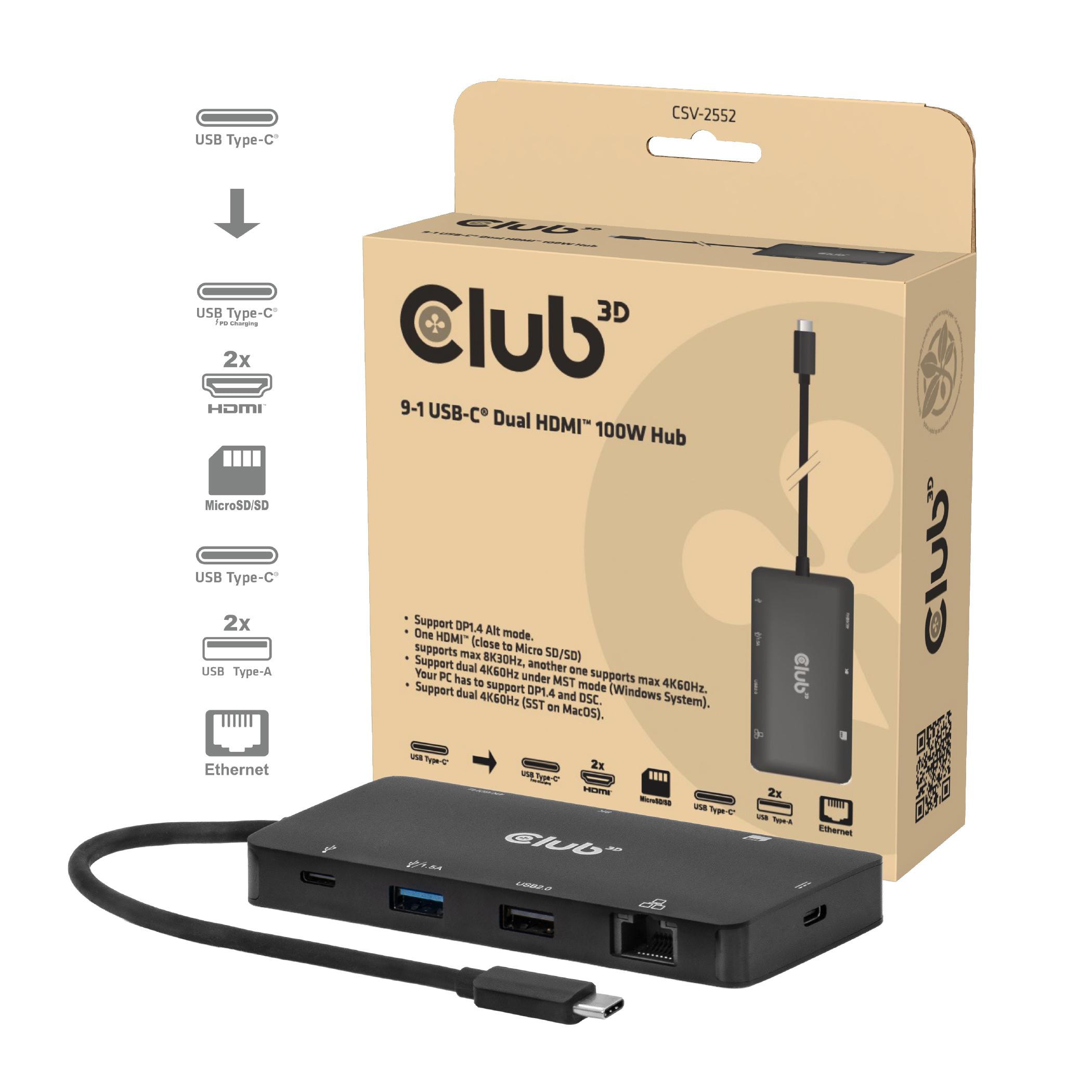 Club 3D 9-1 USB-C Dual HDMI 100W Hub