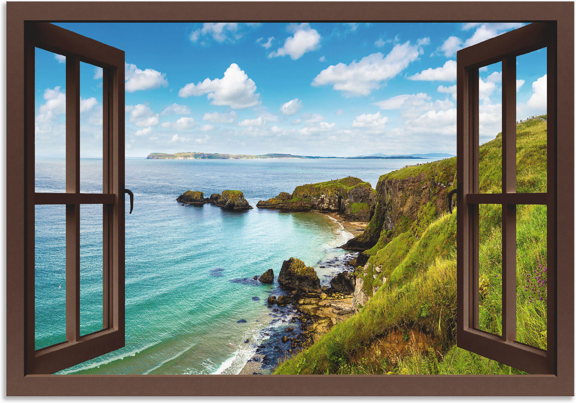 Alu-Dibond-Druck ARTLAND "Küstenweg in Nordirland durchs Fenster", grün (farbe bild(er): grün), B:70cm H:50cm, Bilder, Alu-Dibond-Druck, für Innen- und Aussenbereich geeignet, Outdoorbild farbe bild(er): grün B/H/T: 70cm x 50cm, Alu-Dibond-Druck Meer Bild