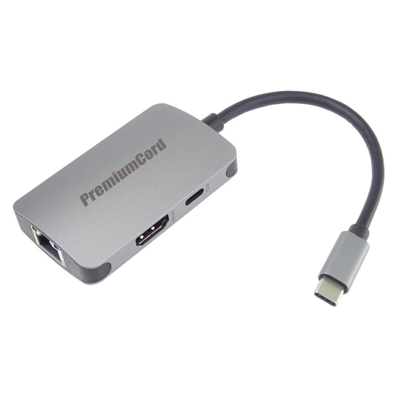 PremiumCord USB-C na HDMI + RJ45 + PD adaptér, hliníkové pouzdro (HDMI) (ku31dock18)