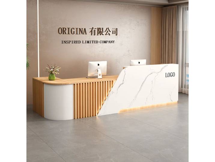 Comptoir de réception esthétique moderne, de luxe, style nordique, avec rangement et présentoir, mobilier de bureau commercial tendance