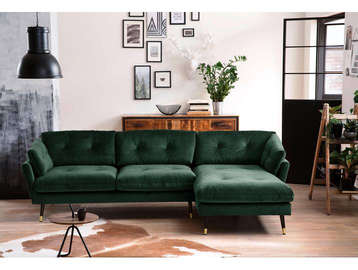 Ecksofa, 270x155 cm, Microvelours, Grün, Recamiere Rechts O. Links, Holz-Metall-Fuß