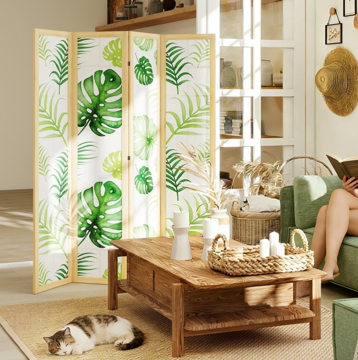 MODFU Kamerscherm 4-delig - Opvouwbaar en vrijstaand - Boho stijl - Groen houten frame