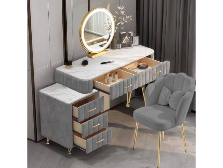 MJKCBD Schminktisch Grau mit Verstellbarer Spiegel und Hocker, Moderner Frisiertisch mit 5 Schubladen, Samt-Oberfläche, Vergoldete Griffe, Kosmetiktisch für Schlafzimmer Mädchenzimmer