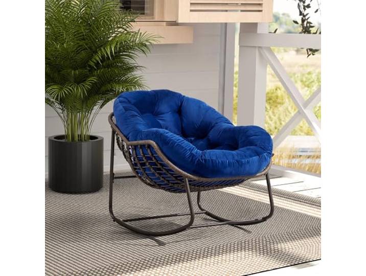 Ropilly Polyrattan Schaukelstuhl mit Kissen Navyblau 111x94x80 cm Breite Sitzschale mit sanfter Wippbewegung für entspanntes Sitzen auf Terrasse, Veranda oder im Wohnzimmer.