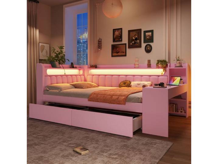 Lit daybed - KOMHTOM - 140x200 - LED intégré - 2 tiroirs - Bureau intégré