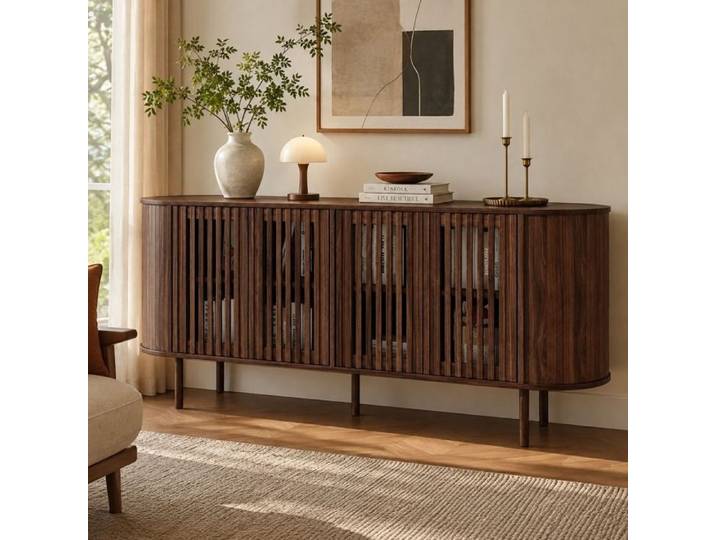 Buffet 160x40x70 cm Couleur Noyer avec 4 Portes Étagères Réglables pour Salon Salle à Manger Entrée