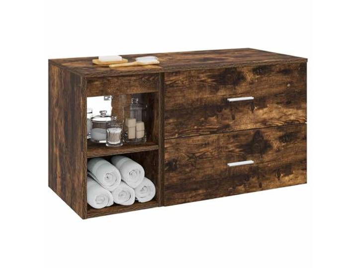 KTHLBRH Badezimmermöbel-Set 2-teilig Eiche Smoke Technisches Holz, Wanddesign, 1 Schublade, 1 Regal, silberfarbene Griffe