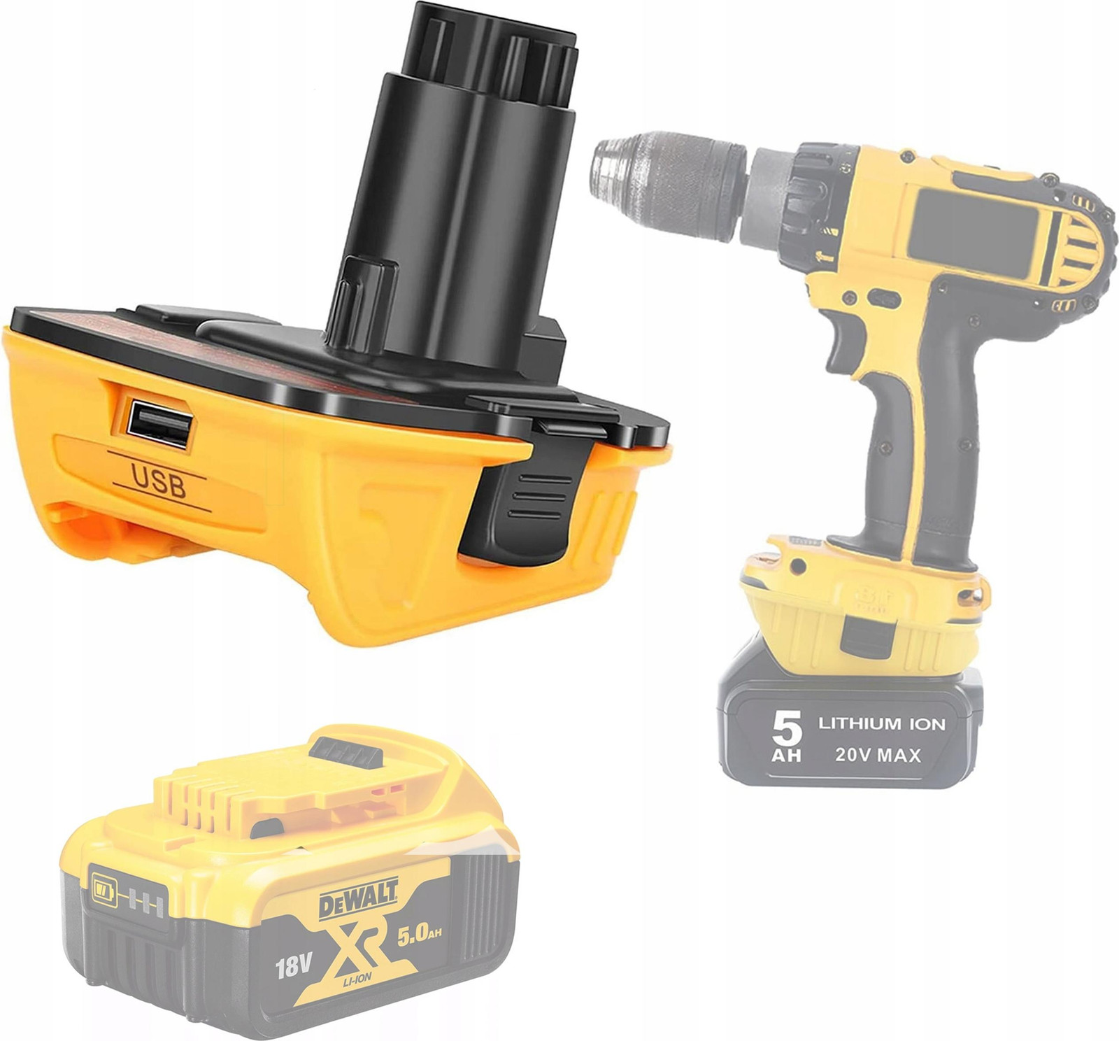 ROSFIX Adapter Vervanging DCA1820 – Accu-Adapter 20V Geel-Zwart | Compatibel met Accu Dewalt DCB200–DCB206, DCB181, DCB180