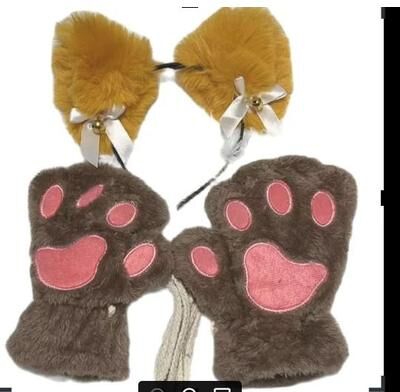Uplifted Finds Cute Cartoon Cat Paw Winter Gloves With Bell Headband And Cat Ear Accessories Set khaki 2 Pcs Set