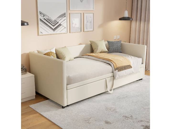 Rosahqnda Canapé-lit extractible 90-180x200 cm Cadre d'extension Lit multifonctionnel adapté au salon chambre Gris Beige