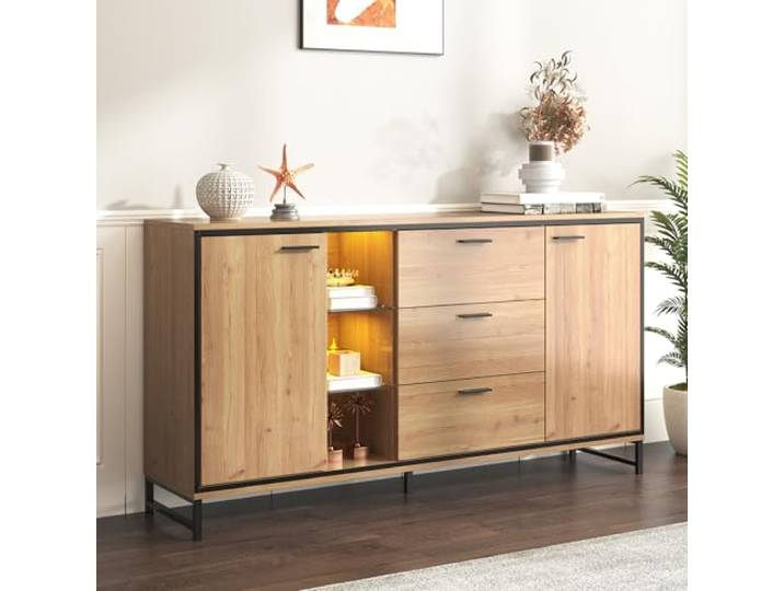 BTM Sideboard DREI Schubladen Exquisite Maserung, Modernes Holzfarbe Ablagefächern, stilvolle funktionale Wohnmöbel Schwarz Holzfarbe