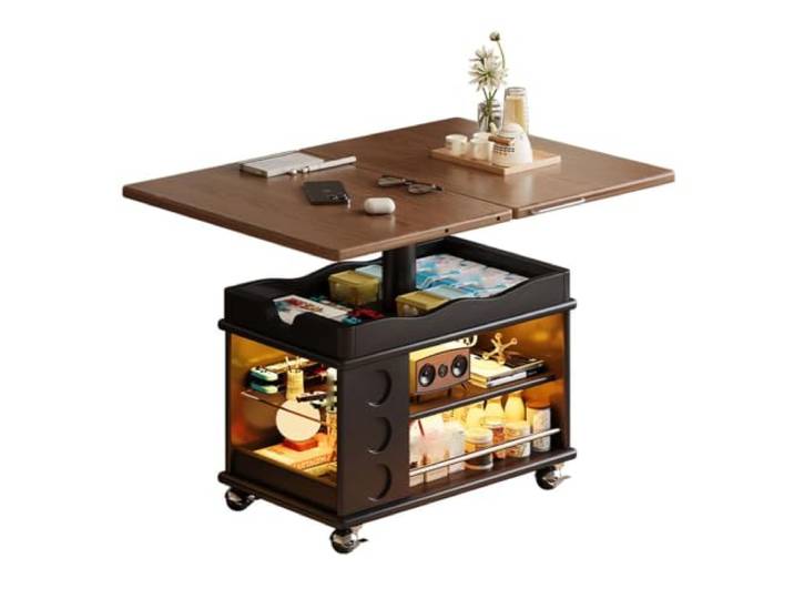 MJJRWF Höhenverstellbarer Couchtisch mit Rollen und Stauraum Neigbare Platte, Ausziehbare Seiten, Feststellbare Rollen, Beistelltisch(Style7)