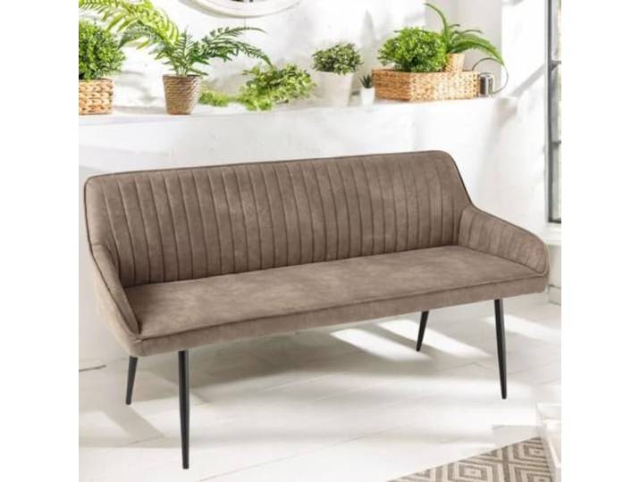 LEBENSwohnART Elegante Sitzbank Milan ca.160cm Mikrofaser Taupe Armlehnen Schwarze Metallbeine