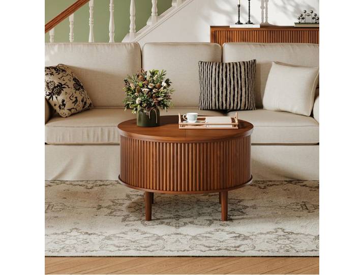 ELVORIN Table basse ronde relevable 80 x 80 x 50 cm rangement intégré panneaux de particules marron