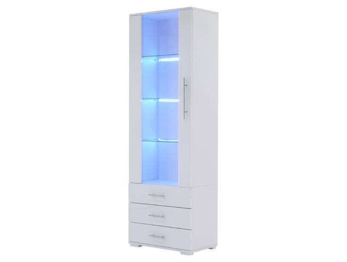 Vitrine blanche brillante avec portes en verre et éclairage LED 3 tiroirs 60x35x180 cm