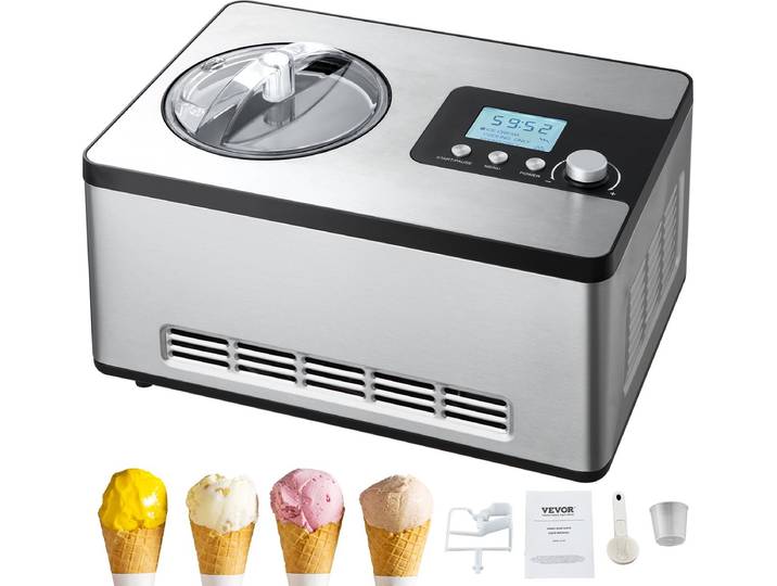 VEVOR Compressor-Ijsmachine Ijsmachine 2 L\, 180 W Frozen Yoghurt Maker Ijsmachine 3 Standen Yoghurtmachine Huishoudelijke Draagbare Ijsmachine Sorbet Gelato Geluidsarm Zilver Elektrisch