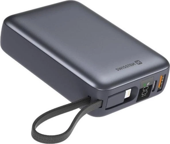 Swissten 20000 mAh mit integriertem USB-C und Lightning Kabel space silber