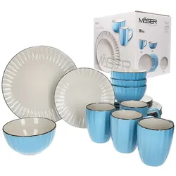 OSITA Hellblau Weiß 16tlg Kombiservice Steingut 4 Pers. Becher Schalen Teller Relief