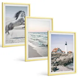 BILDER SET 3er Set - 40x60 cm Goldrahmen - Pferde, Strand, Leuchtturm, Wellen