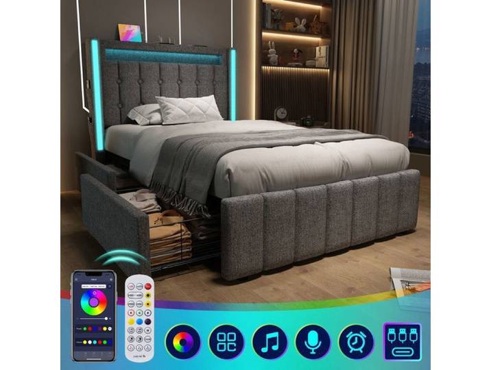 Lit rembourré - JAERLIUB - 90x200 cm - USB - LED - 2 tiroirs - Gris