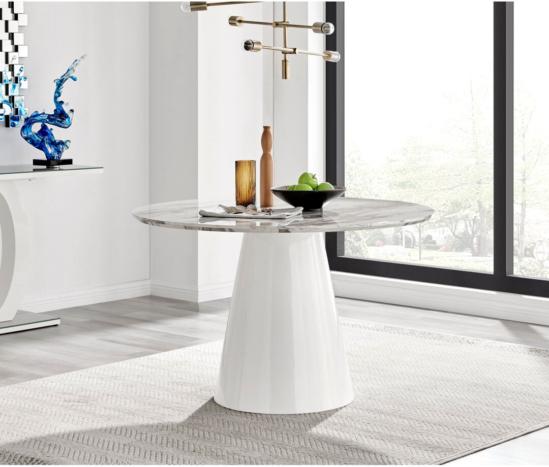 Canora Grey Edzard Statement Pedestal Round Dining Table - Luxury Modern Design Grey Marble Top/White Base