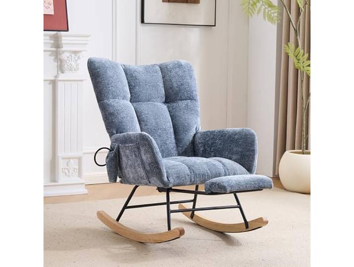 Ropilly Stillstuhl mit hoher Rückenlehne Fußstütze Chenille blau Weicher Schaukelstuhl mit Seitentasche und aufblasbarem Luftkissen für bequemes Sitzen beim Lesen, Stillen oder Ausruhen.