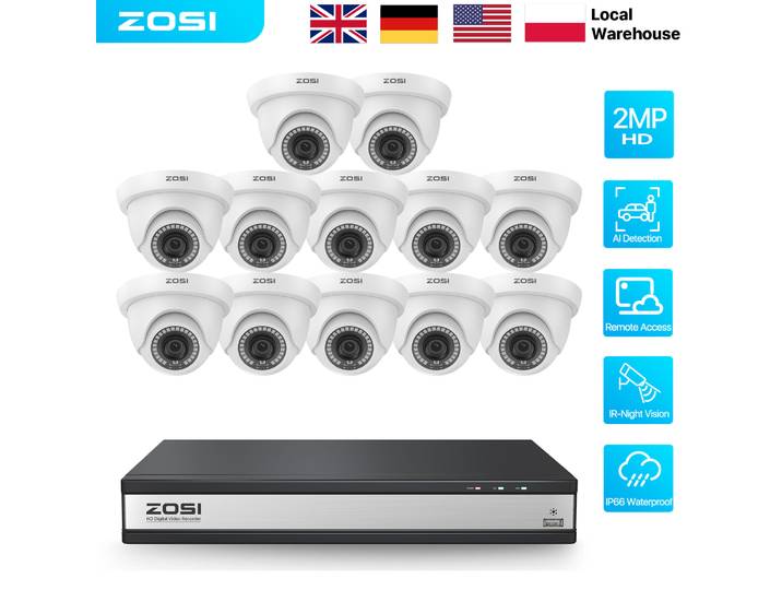 Système de caméra de sécurité ZOSI 16 canaux avec détection IA, DVR 3K Lite H.265+, caméras dôme CCTV 1080p pour extérieur et intérieur, surveillance