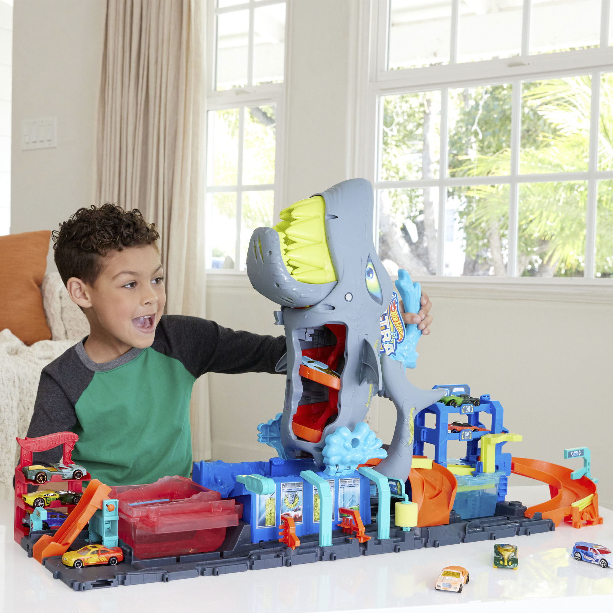 Spiel-Gebäude HOT WHEELS "Ultimative Hai-Autowaschanlage City", bunt, Fahrzeug-Spielwelten, Kinder, Kunststoff, Spiel-Gebäude, mit Farbwechsel-Spielzeugauto