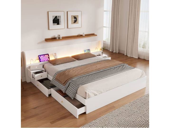 Maisentiel Lit double combiné 180 x 200 cm blanc en MDF avec LED USB prises 2 chevets et 2 tiroirs