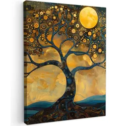 LEINWANDBILD Baum - Mond - Blumen - Gold - Kunst Room Decor 30x40 cm