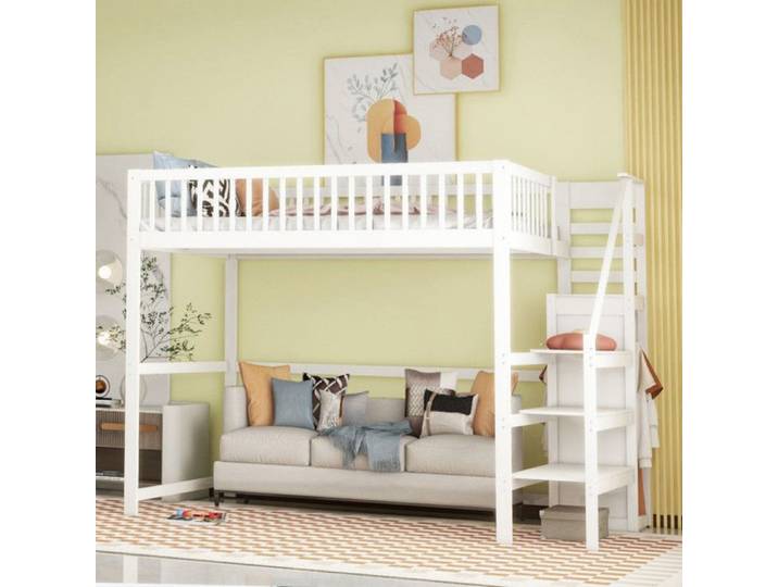 Lit Mezzanine 140x200 avec Penderie Lit Double Lit Enfant avec Rangement Blanc
