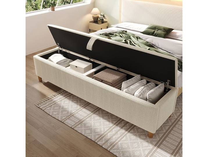 Banc de lit Banc rembourré avec rangement hydraulique Velours Beige parfait pour chambre salon ou couloir