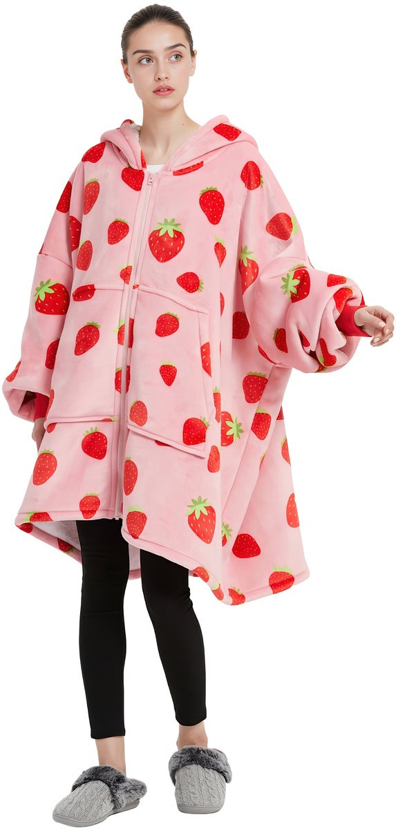 JAXY Hoodie Deken met Rits - Fleece Deken met Mouwen - Oversized Deken Trui - Aardbei