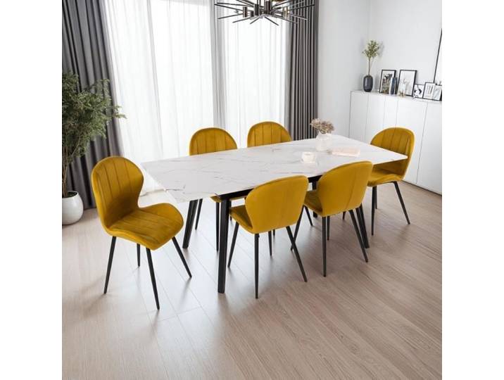 Table extensible effet marbre blanc + 6 chaises en velours moutarde