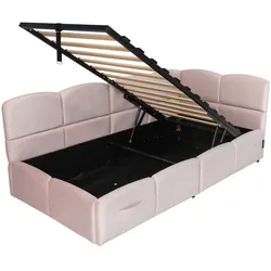 MODFU Schlafsofa Samt Rosa 90x200 cm mit hydraulischem Stauraum, USB-A/USB-C und Lattenrost