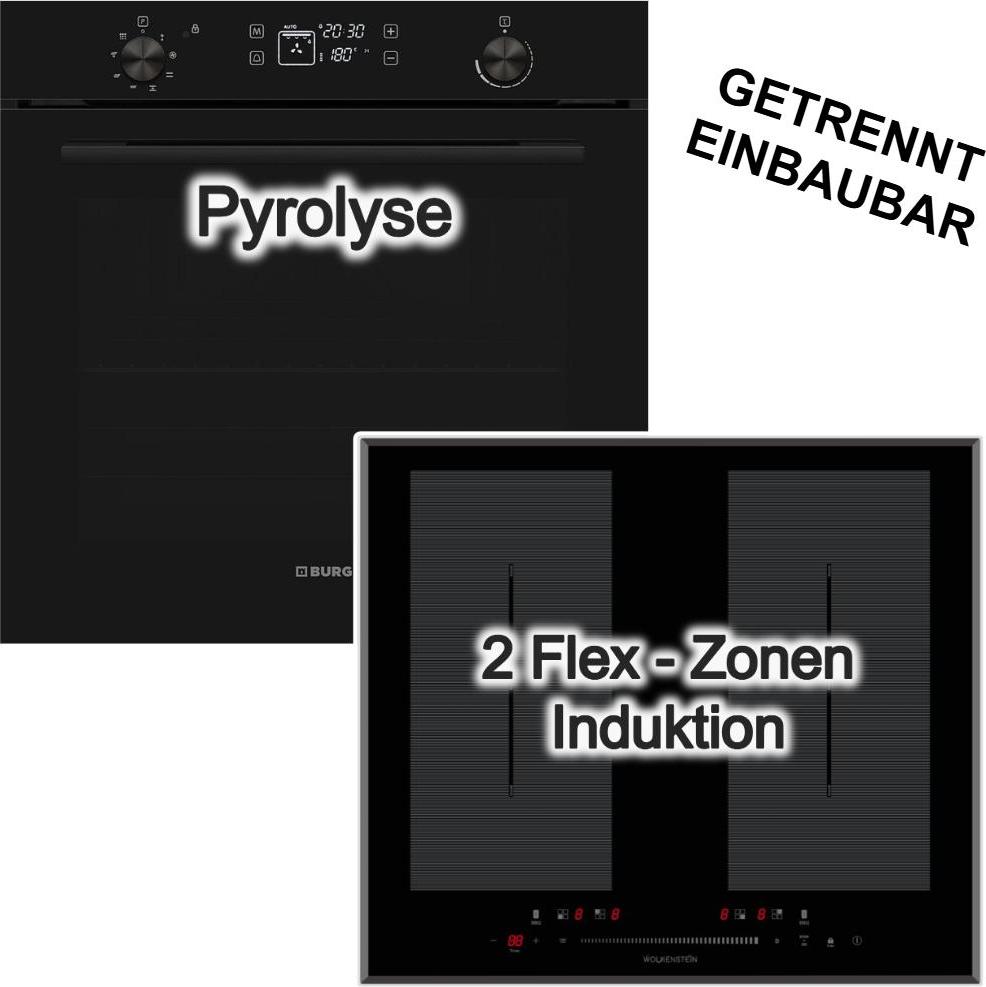 Herdset Burg Einbaubackofen Pyrolyse 78 Liter + Wolkenstein Induktionskochfeld 60 cm autark 2 Doppel-Flexzonen