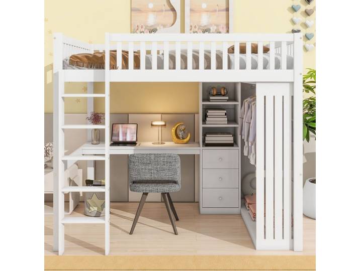 Lit mezzanine - KOMHTOM - 140x200 - avec bureau - armoire & 3 tiroirs - MDF blanc - escalier