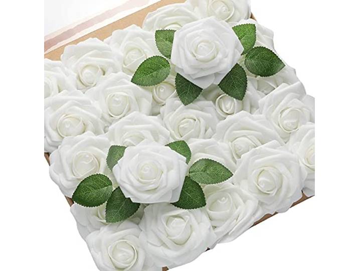 PIQIUQIU 25 stuks kunstrozen van schuim, kunstbloemen, kunstrozen, kunstrozen, voor bruiloft, woondecoratie (wit)