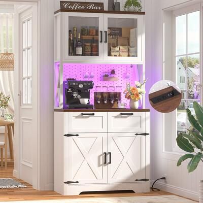 Rackcog Kitchen Pantry Storage Cabinet with LED Light & Power Outlet, Freestanding Display Home Coffee Bar Buffet with Pegboard