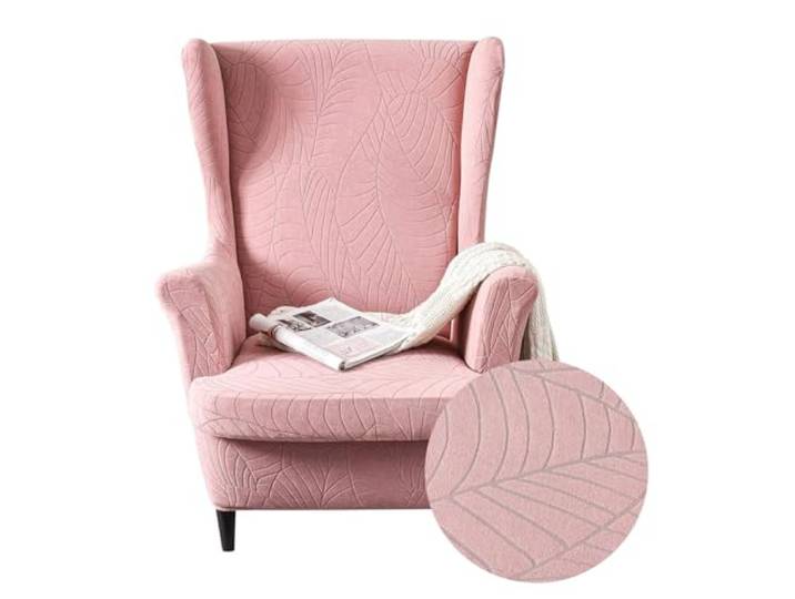 Highdi Housse de Fauteuil à Oreilles Extensible 2-Pièces Couverture de Fauteuil avec Housse de Coussin\, Plante Jacquard Couleur Unie Strandmon Housse de Fauteuil Antidérapante (Rose)