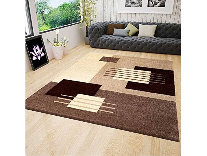 VIMODA Designer Teppich Kurzflor dichter Flor Wohnzimmer Braun Beige Kachel Linien mit Konturenschnitt, Maße:80 x 150 cm