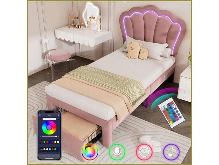 Lit Ado LED 90x200 cm - Samt Polsterbett avec Tiroir & App-Control – Rose