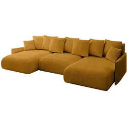 WOHNLANDSCHAFT mit Schlaffunktion und Bettkasten ONESK-U-v1 317x177x72 Senfgelb Cord